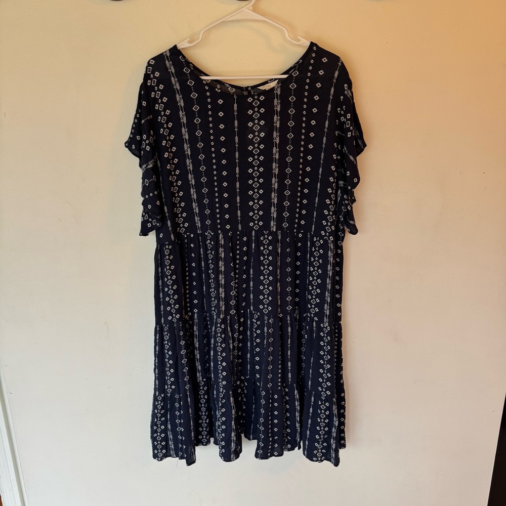C est 1946 Navy Blue Patterned flutter sleeve tiered Dress size XL NEW!